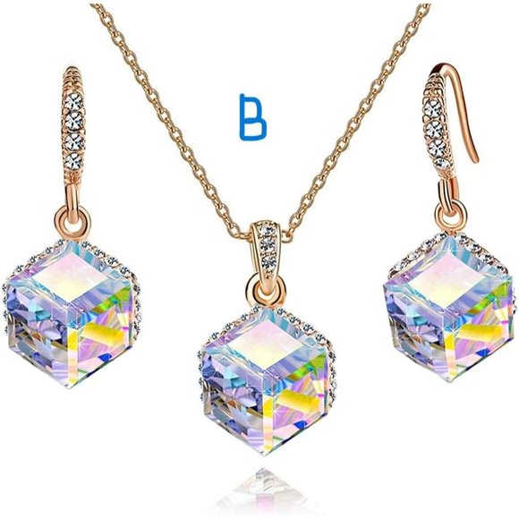 New Colorful Cubic Austrian Crystal Pendant Necklace Earrings for Women … - Picture 1 of 8